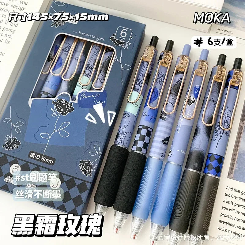 6pcs/set Retro European Style Gel Pen Vintage Rose Red Series Stationery 0.5mm Black Ink Scrapbook Pen Student Supplies School