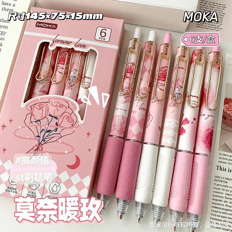 6pcs/set Retro European Style Gel Pen Vintage Rose Red Series Stationery 0.5mm Black Ink Scrapbook Pen Student Supplies School
