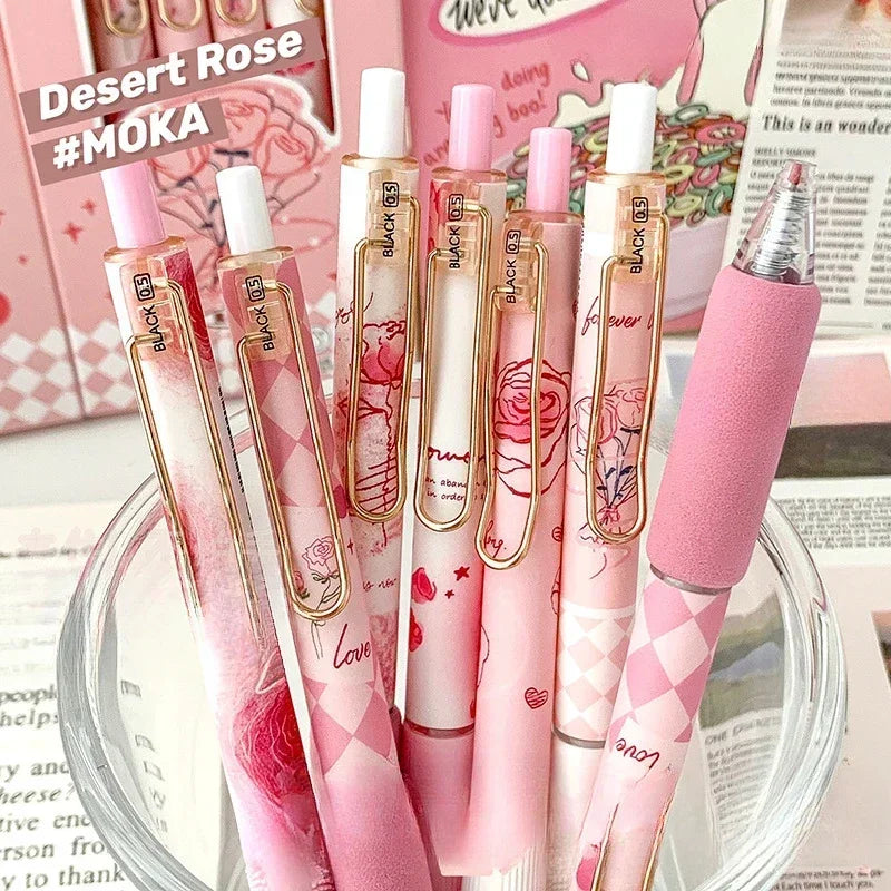 6pcs/set Retro European Style Gel Pen Vintage Rose Red Series Stationery 0.5mm Black Ink Scrapbook Pen Student Supplies School