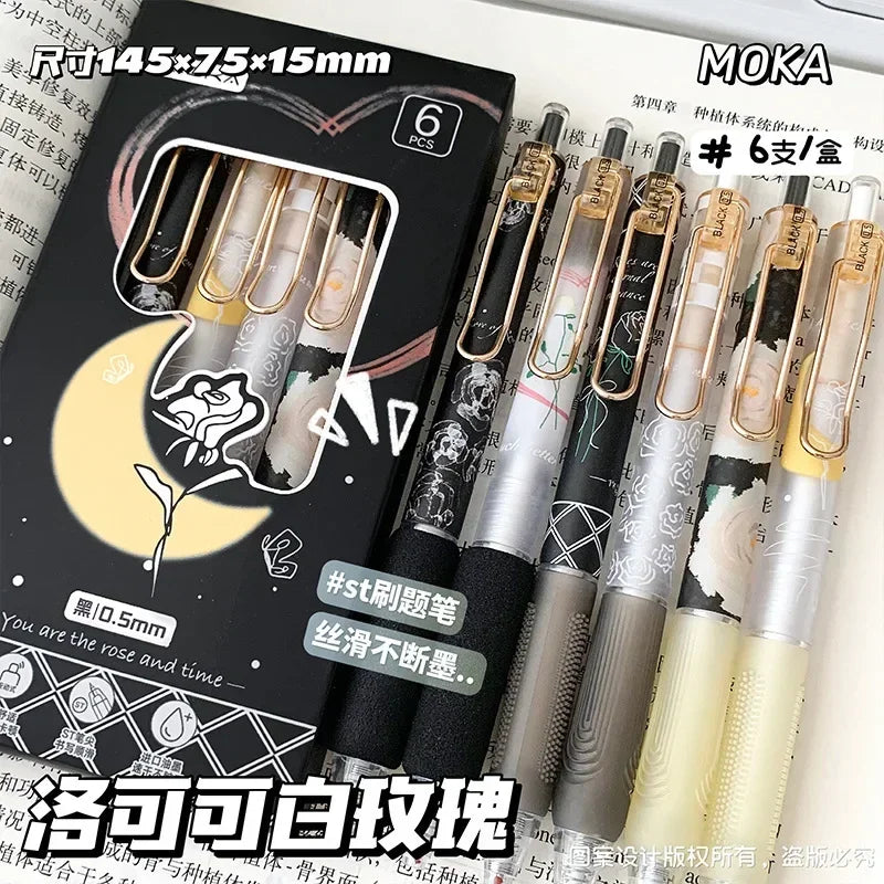 6pcs/set Retro European Style Gel Pen Vintage Rose Red Series Stationery 0.5mm Black Ink Scrapbook Pen Student Supplies School