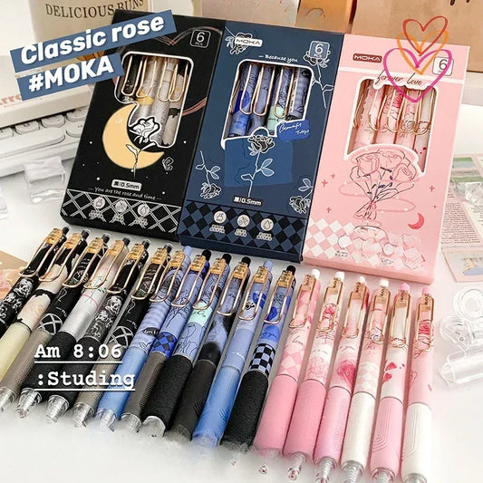 6pcs/set Retro European Style Gel Pen Vintage Rose Red Series Stationery 0.5mm Black Ink Scrapbook Pen Student Supplies School